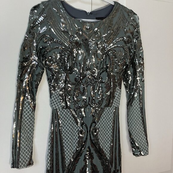 Betsy & Adam Sequin Bodycon Cocktail Dress Womens 6 Blue Gunmetal Silver Holiday - Picture 3 of 13